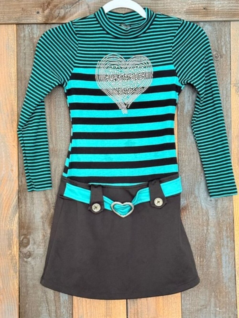 Pink & Violet Girls Teal Black Striped Rhinestone Heart Belted Dress L 10/12.
